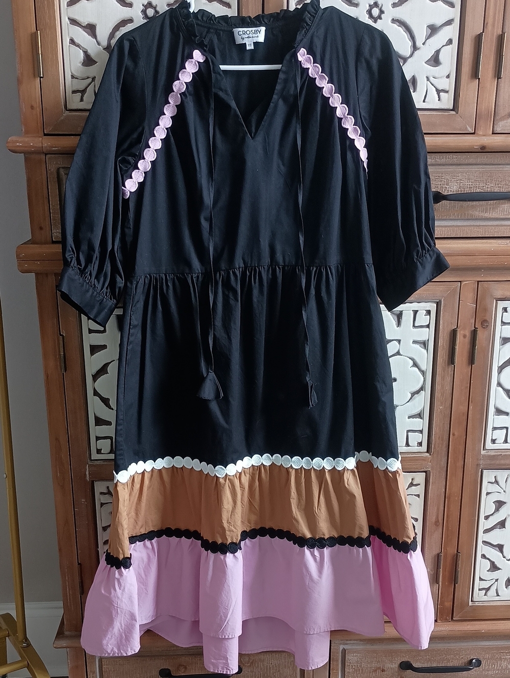 Crosby By Mollie Burch Black, Pink & Tan Tiered Women's Dress with Scallop Trim
